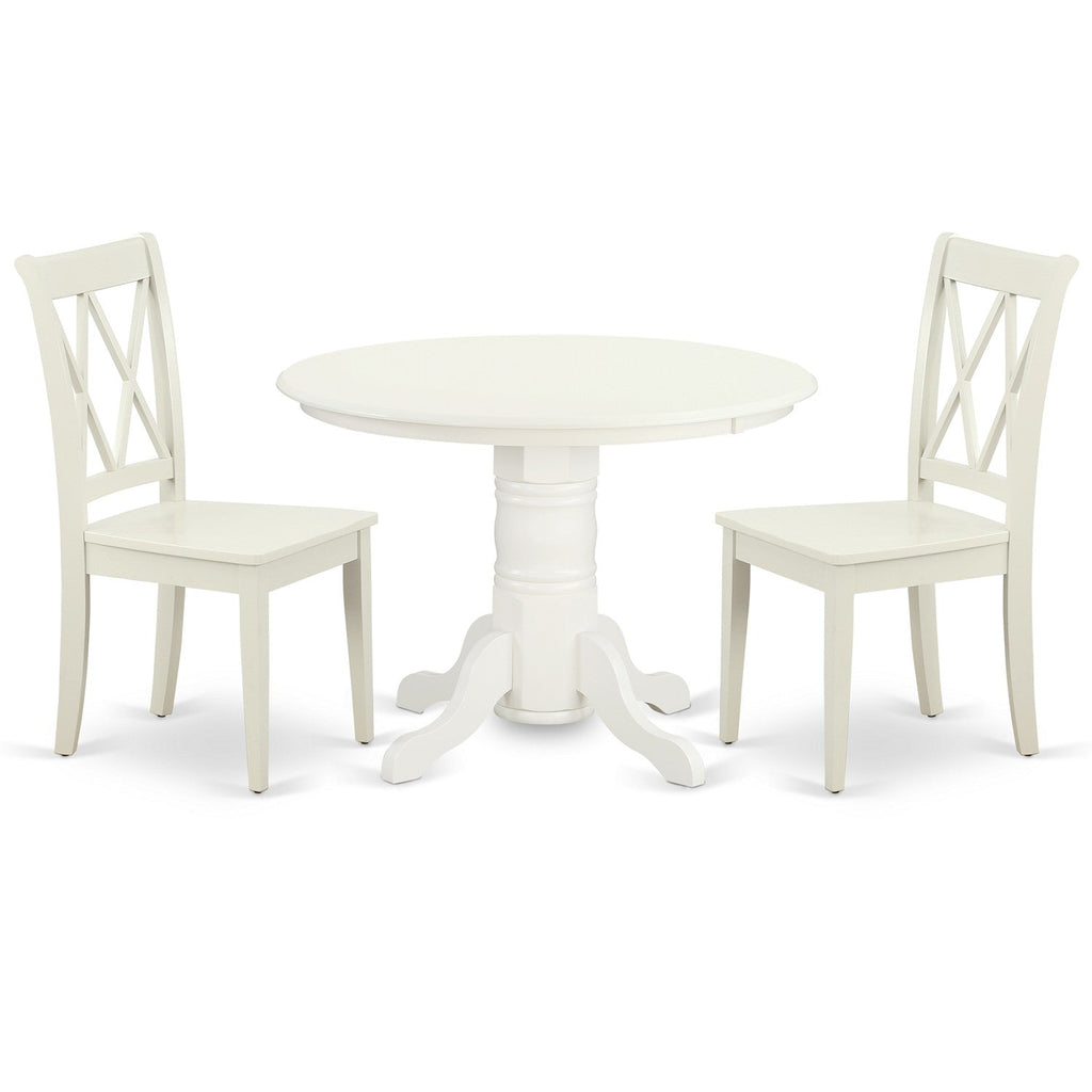 East West Furniture SHCL3-LWH-W 3 Piece Dining Table Set for Small Spaces Contains a Round Kitchen Table with Pedestal and 2 Dining Chairs, 42x42 Inch, Linen White