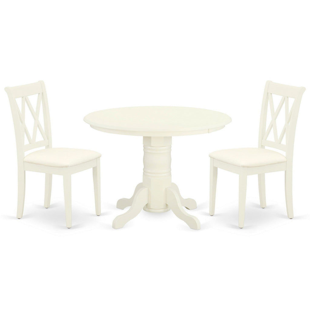 East West Furniture SHCL3-WHI-C 3 Piece Dining Room Furniture Set Contains a Round Kitchen Table with Pedestal and 2 Linen Fabric Upholstered Dining Chairs, 42x42 Inch, Linen White