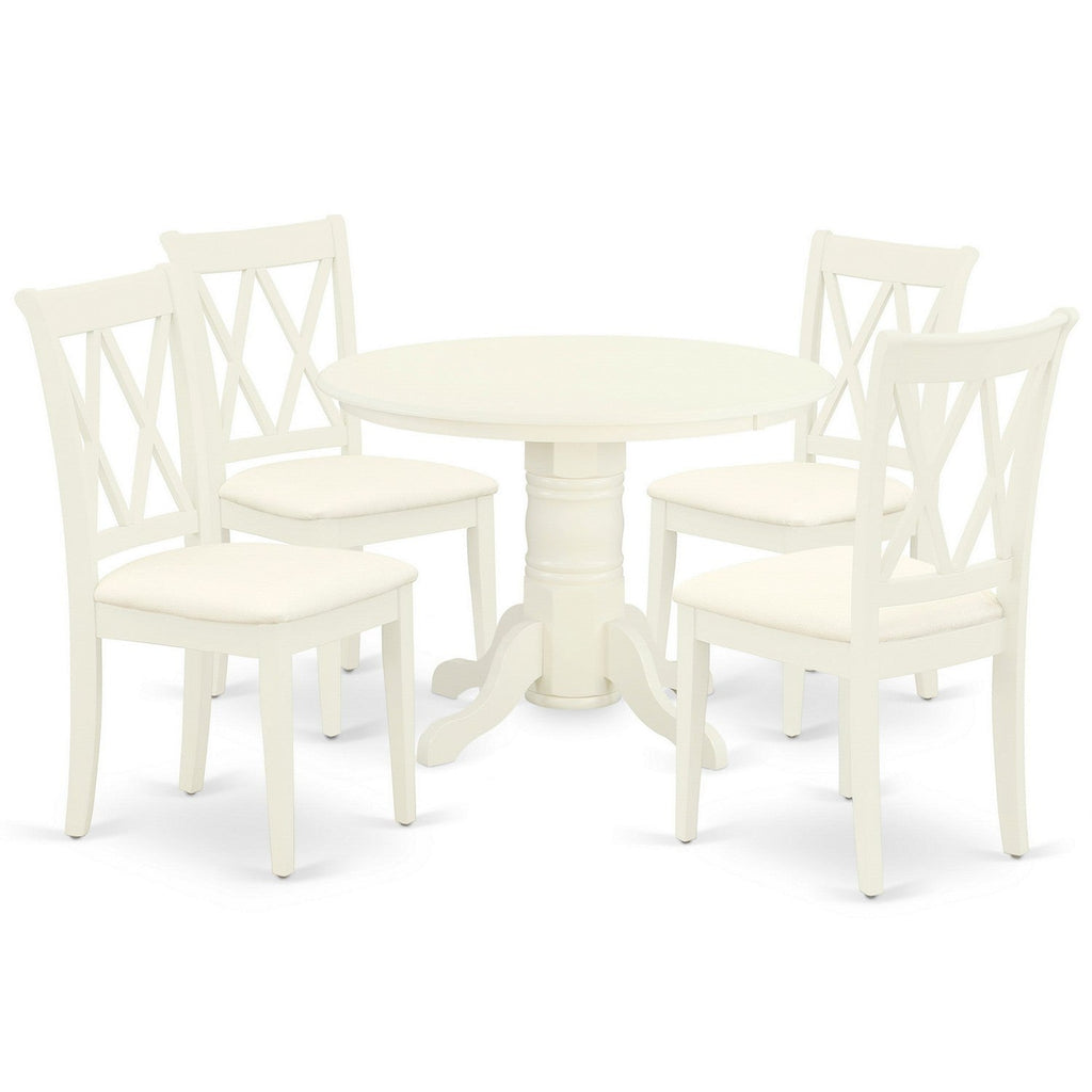 East West Furniture SHCL5-WHI-C 5 Piece Dining Room Table Set Includes a Round Kitchen Table with Pedestal and 4 Linen Fabric Upholstered Dining Chairs, 42x42 Inch, Linen White