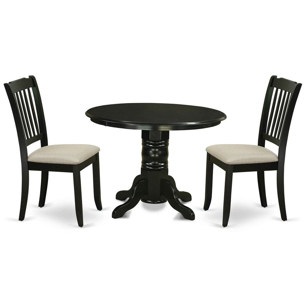 East West Furniture SHDA3-BLK-C 3 Piece Dining Table Set for Small Spaces Contains a Round Kitchen Table with Pedestal and 2 Linen Fabric Kitchen Dining Chairs, 42x42 Inch, Black
