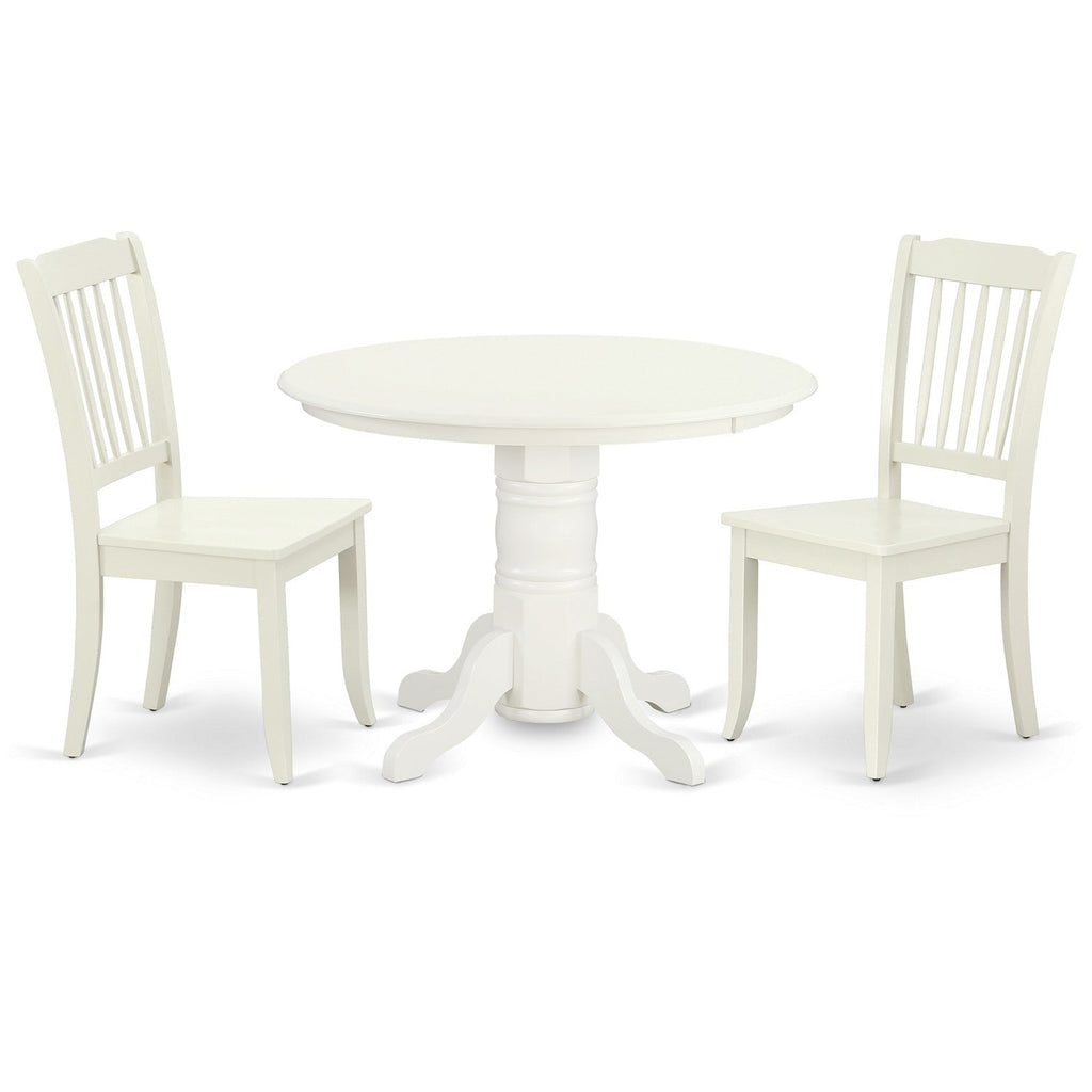 East West Furniture SHDA3-LWH-W 3 Piece Kitchen Table Set for Small Spaces Contains a Round Dining Table with Pedestal and 2 Dining Room Chairs, 42x42 Inch, Linen White