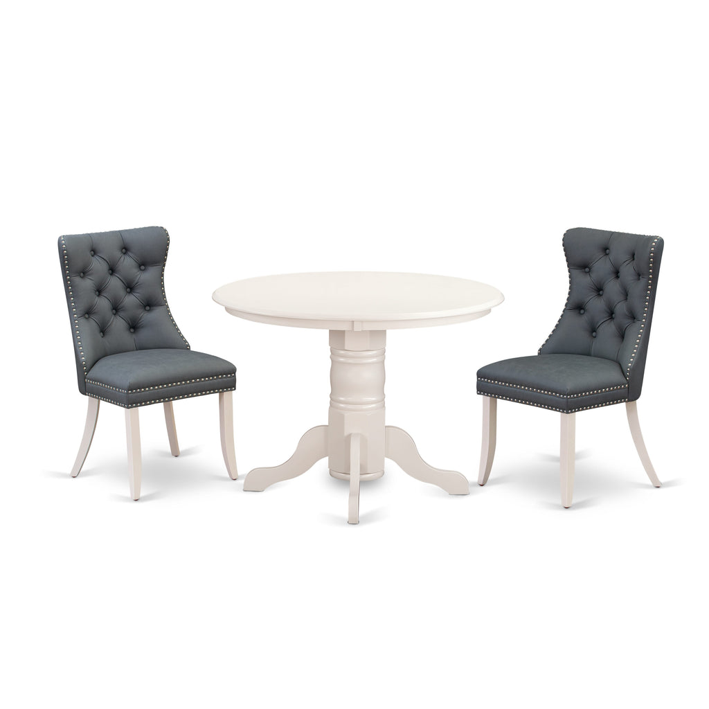 East West Furniture SHDA3-WHI-13 3 Piece Kitchen Table Set for Small Spaces Consists of a Round Dining Table with Pedestal and 2 Upholstered Chairs, 42x42 Inch, linen white