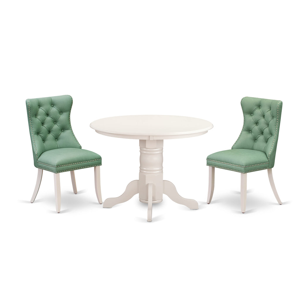 East West Furniture SHDA3-WHI-22 3 Piece Dinette Set for Small SpacesIncludes a Round Dining Table with Pedestal and 2 Upholstered Chairs, 42x42 Inch, linen white