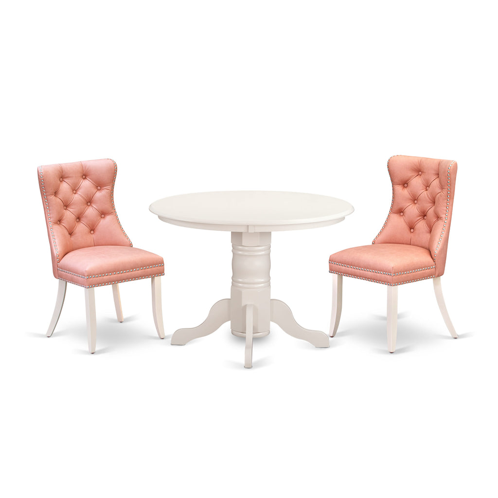 East West Furniture SHDA3-WHI-23 3 Piece Dining Room Table Set Consists of a Round Dining Table with Pedestal and 2 Upholstered Chairs, 42x42 Inch, linen white