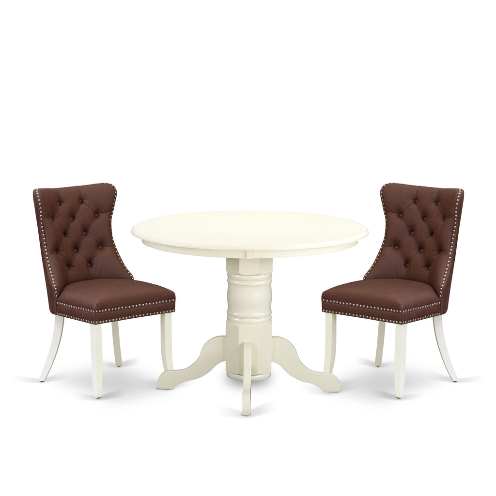 East West Furniture SHDA3-WHI-26 3 Piece Kitchen Table Set for Small SpacesIncludes a Round Dining Table with Pedestal and 2 Upholstered Chairs, 42x42 Inch, linen white