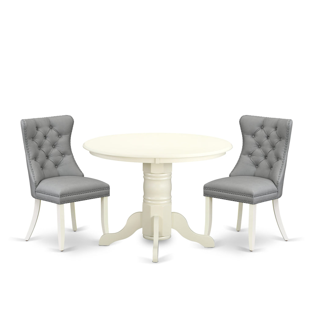 East West Furniture SHDA3-WHI-27 3 Piece Dinette Set Consists of a Round Kitchen Table with Pedestal and 2 Parson Dining Chairs, 42x42 Inch, linen white