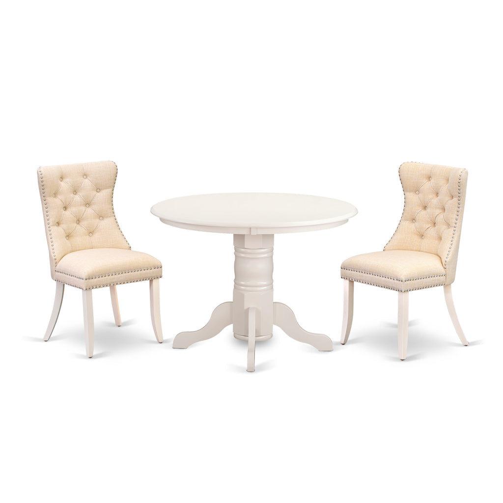 East West Furniture SHDA3-WHI-32 3 Piece Kitchen Table Set Includes a Round Dining Table with Pedestal and 2 Upholstered Chairs, 42x42 Inch, linen white