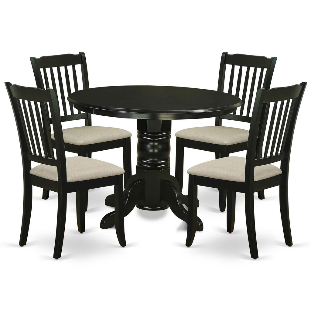 East West Furniture SHDA5-BLK-C 5 Piece Dinette Set for 4 Includes a Round Kitchen Table with Pedestal and 4 Linen Fabric Kitchen Dining Chairs, 42x42 Inch, Black