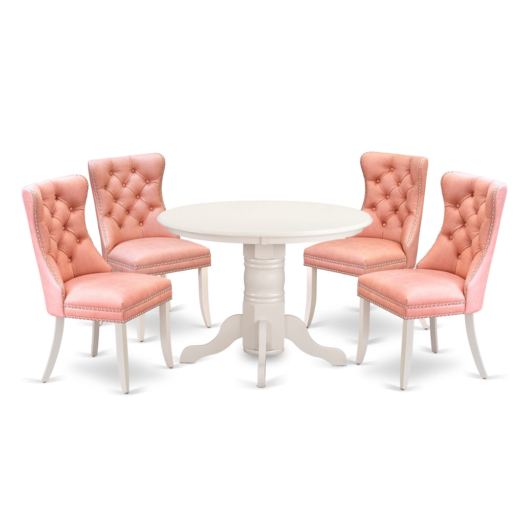 East West Furniture SHDA5-WHI-23 5 Piece Dining Set Includes a Round Kitchen Table with Pedestal and 4 Upholstered Parson Chairs, 42x42 Inch, linen white