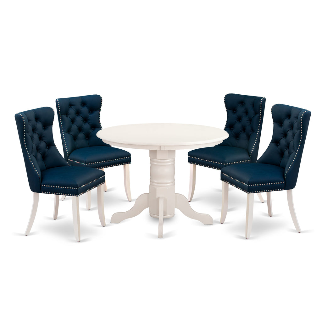 East West Furniture SHDA5-WHI-29 5 Piece Kitchen Table Set Consists of a Round Dining Table with Pedestal and 4 Padded Chairs, 42x42 Inch, linen white