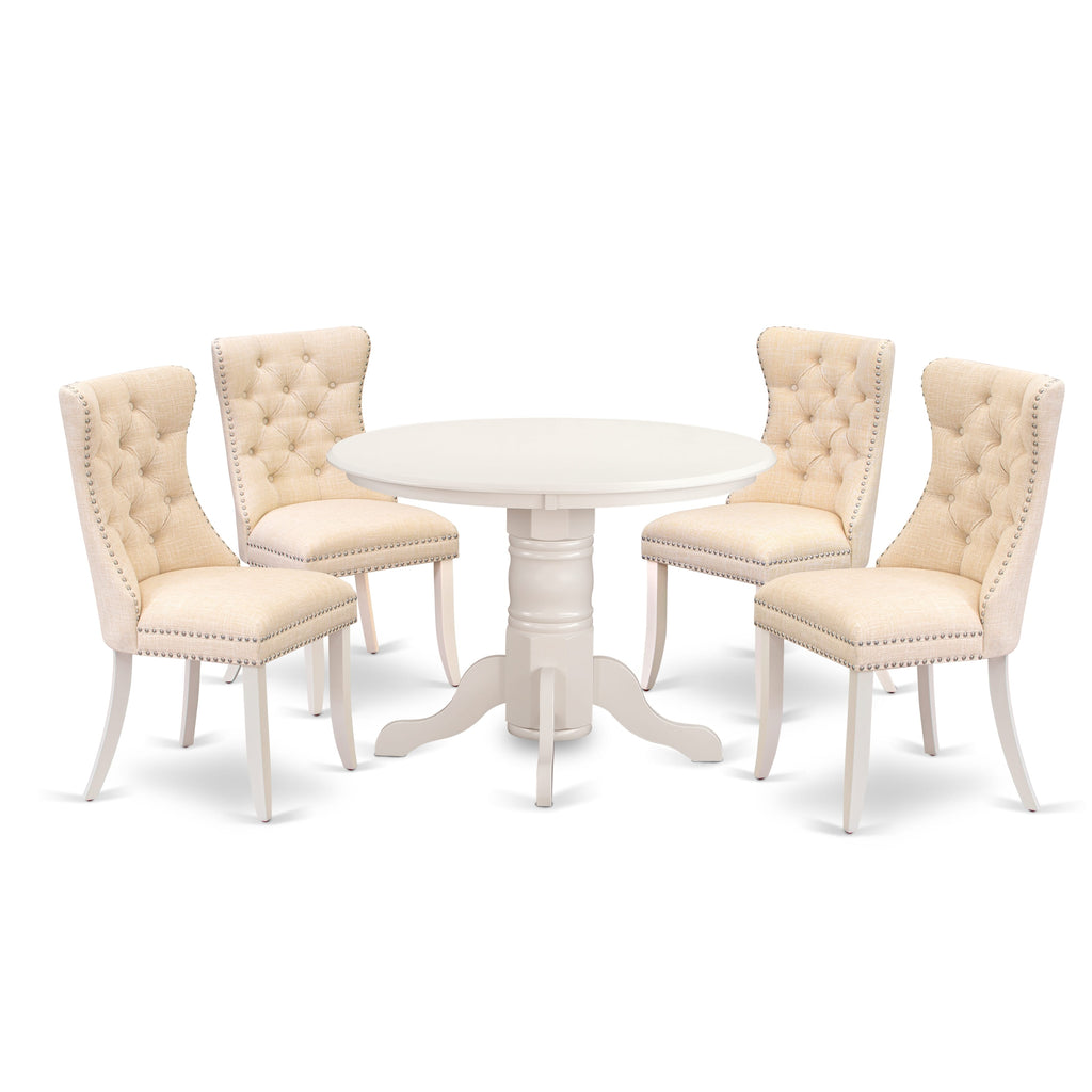 East West Furniture SHDA5-WHI-32 5 Piece Dining Set for Small SpacesIncludes a Round Kitchen Table with Pedestal and 4 Padded Chairs, 42x42 Inch, linen white