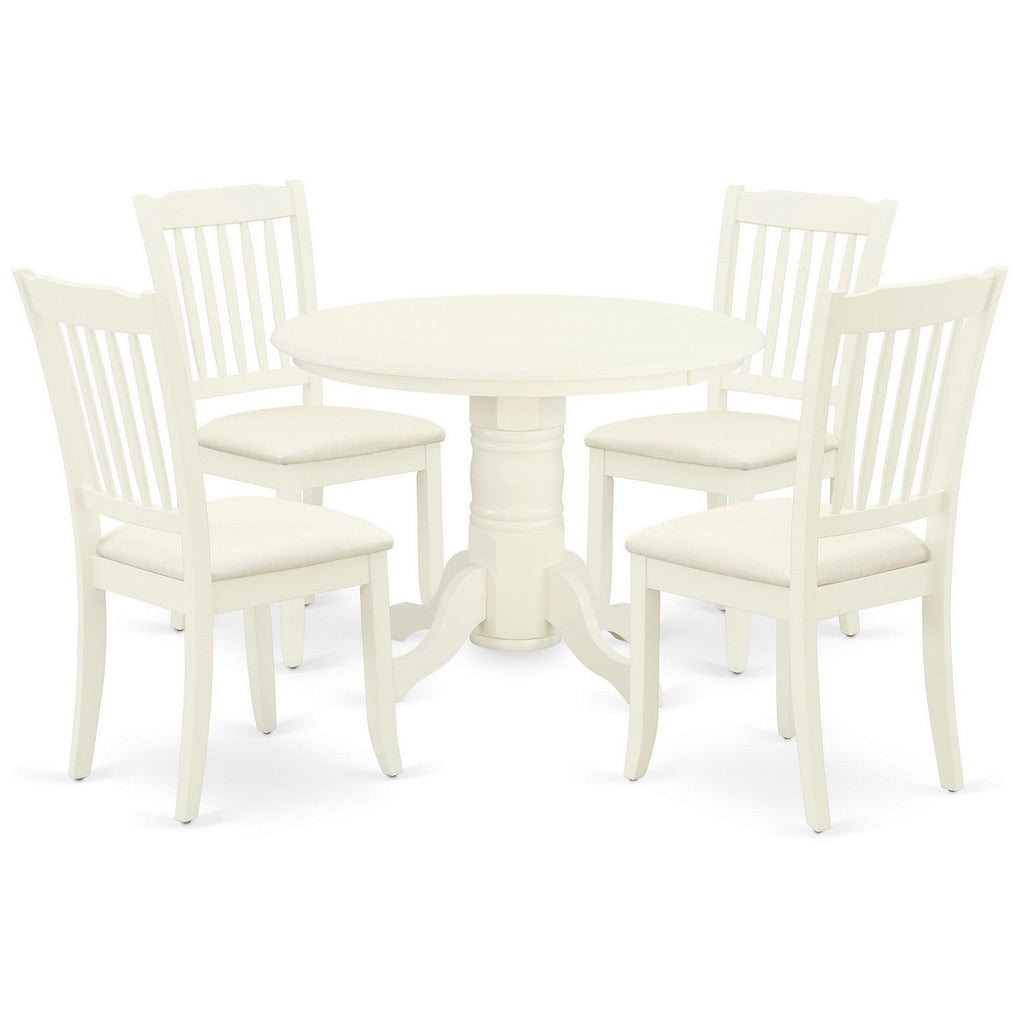 East West Furniture SHDA5-WHI-C 5 Piece Modern Dining Table Set Includes a Round Kitchen Table with Pedestal and 4 Linen Fabric Kitchen Dining Chairs, 42x42 Inch, Linen White