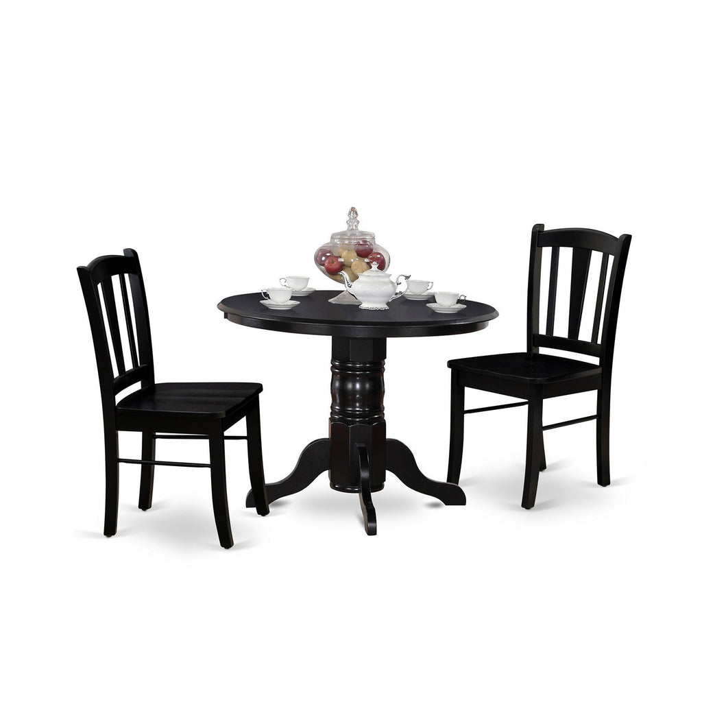 East West Furniture SHDL3-BLK-W 3 Piece Dining Table Set for Small Spaces Contains a Round Kitchen Table with Pedestal and 2 Dining Chairs, 42x42 Inch, Black