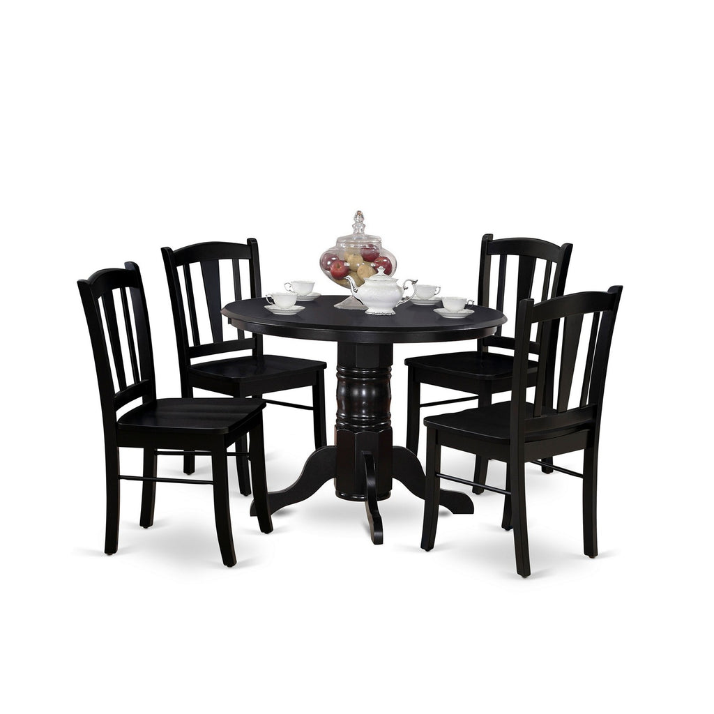 East West Furniture SHDL5-BLK-W 5 Piece Kitchen Table Set for 4 Includes a Round Dining Room Table with Pedestal and 4 Solid Wood Seat Chairs, 42x42 Inch, Black