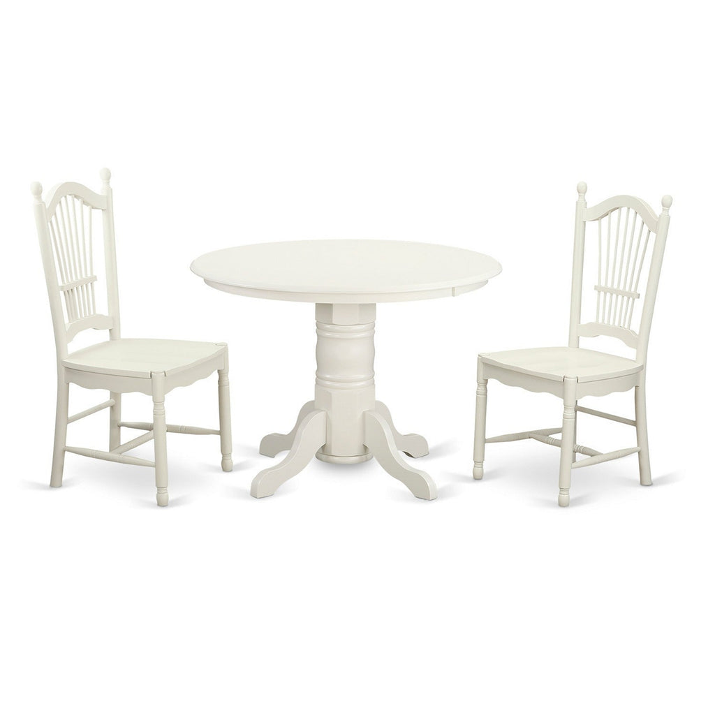 East West Furniture SHDO3-WHI-W 3 Piece Kitchen Table Set for Small Spaces Contains a Round Dining Room Table with Pedestal and 2 Dining Chairs, 42x42 Inch, Linen White