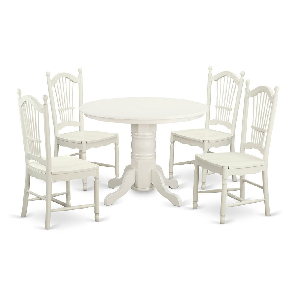 East West Furniture SHDO5-WHI-W 5 Piece Dinette Set for 4 Includes a Round Kitchen Table with Pedestal and 4 Kitchen Dining Chairs, 42x42 Inch, Linen White