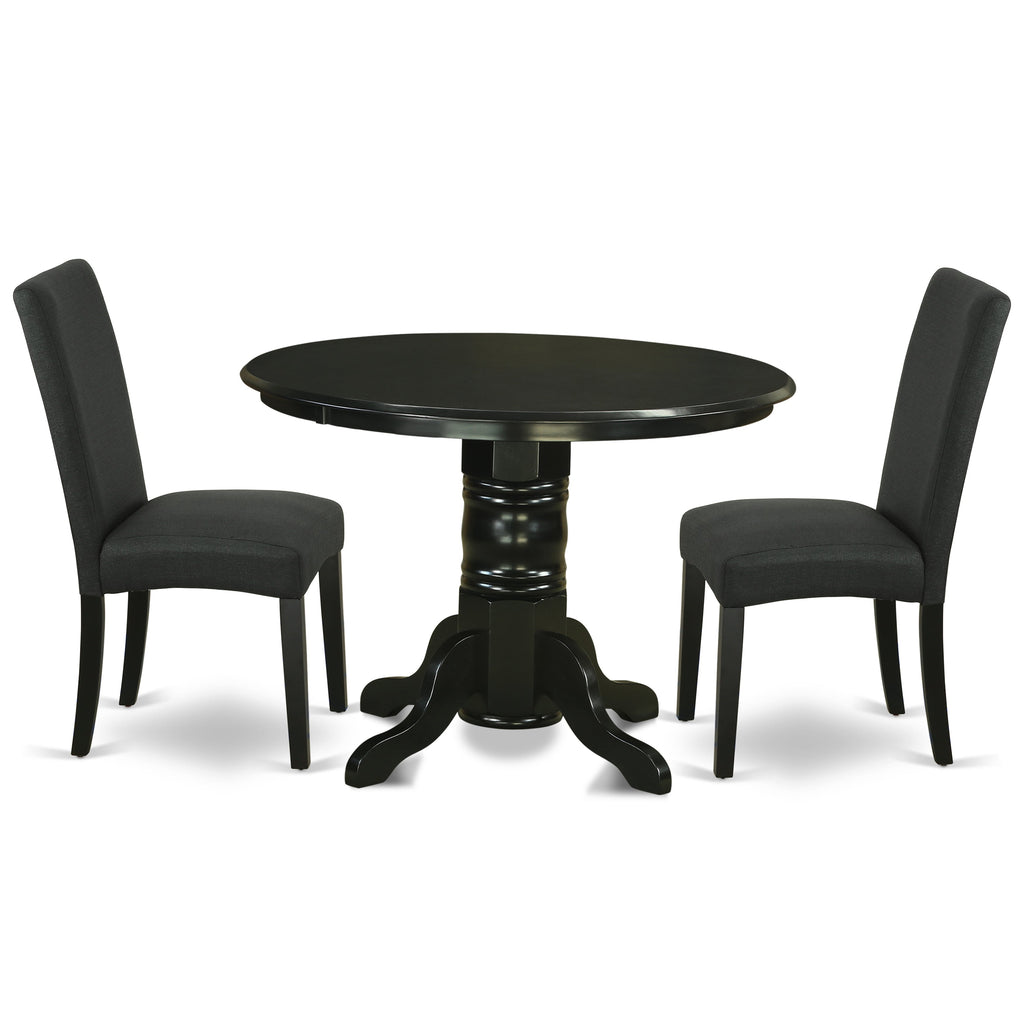 East West Furniture SHDR3-BLK-24 3 Piece Kitchen Table & Chairs Set Contains a Round Dining Table with Pedestal and 2 Black Color Linen Fabric Upholstered Chairs, 42x42 Inch, Black