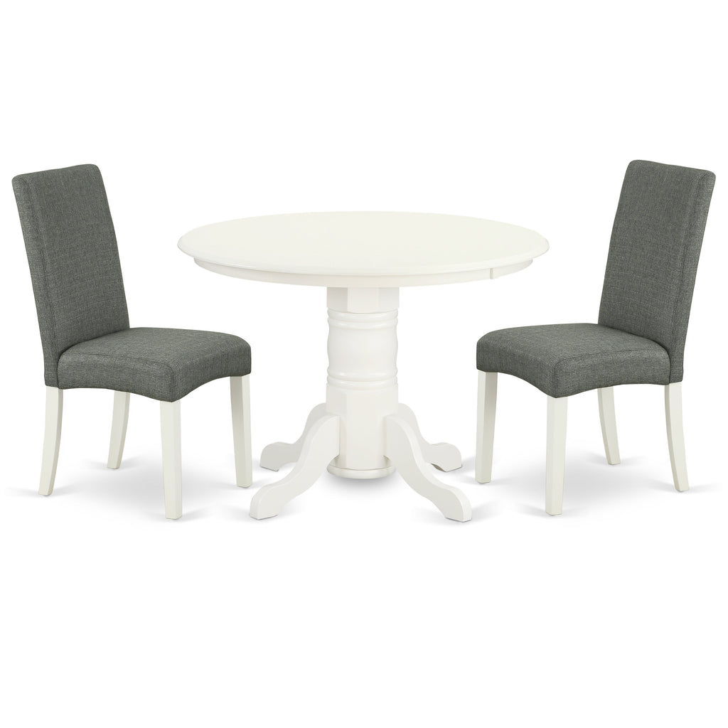 East West Furniture SHDR3-LWH-07 3 Piece Dining Table Set for Small Spaces Contains a Round Kitchen Table with Pedestal and 2 Gray Linen Fabric Parson Dining Chairs, 42x42 Inch, Linen White