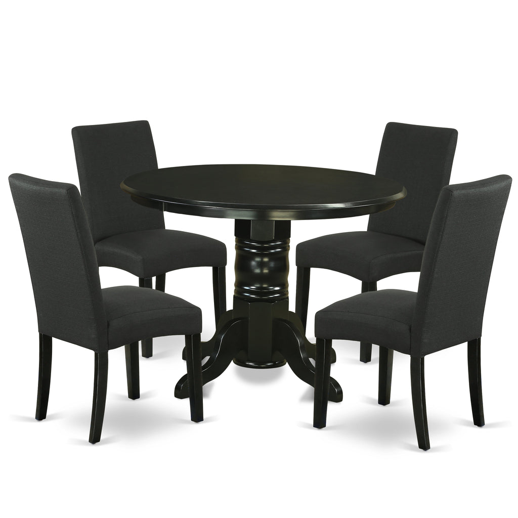 East West Furniture SHDR5-BLK-24 5 Piece Dinette Set for 4 Includes a Round Kitchen Table with Pedestal and 4 Black Color Linen Fabric Upholstered Parson Chairs, 42x42 Inch, Black