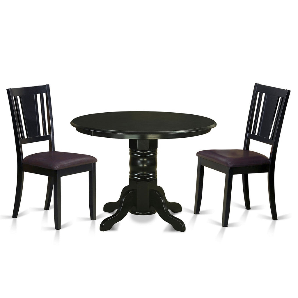 East West Furniture SHDU3-BLK-LC 3 Piece Dining Set Contains a Round Kitchen Table with Pedestal and 2 Faux Leather Dining Room Chairs, 42x42 Inch, Black