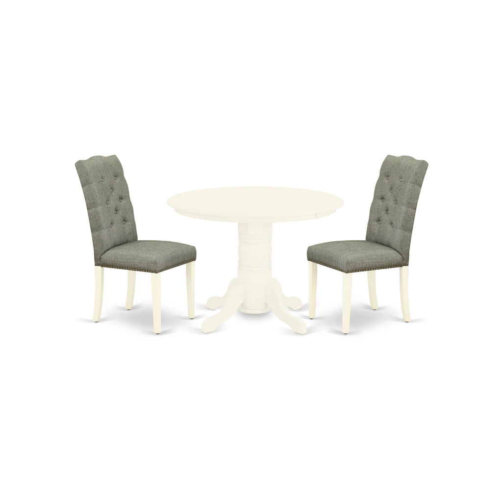 East West Furniture SHEL3-WHI-07 3 Piece Modern Dining Table Set Contains a Round Kitchen Table with Pedestal and 2 Gray Linen Fabric Upholstered Parson Chairs, 42x42 Inch, Linen White