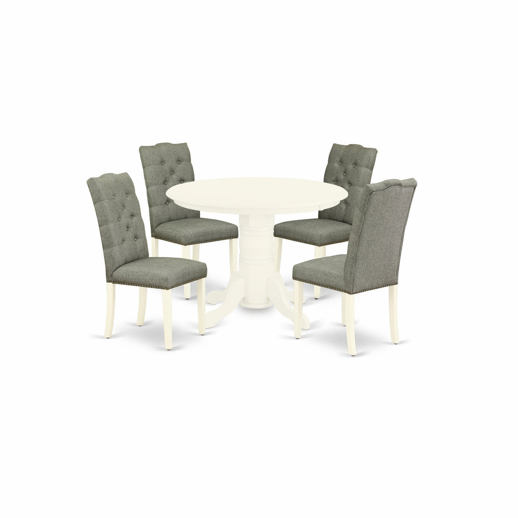 East West Furniture SHEL5-WHI-07 5 Piece Kitchen Table Set for 4 Includes a Round Dining Room Table with Pedestal and 4 Gray Linen Fabric Parson Dining Chairs, 42x42 Inch, Linen White