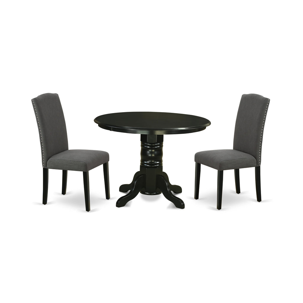 East West Furniture SHEN3-BLK-20 3 Piece Dining Room Set Contains a Round Kitchen Dining Table with Pedestal and 2 Dark Gotham Linen Fabric Upholstered Chairs, 42x42 Inch, Black