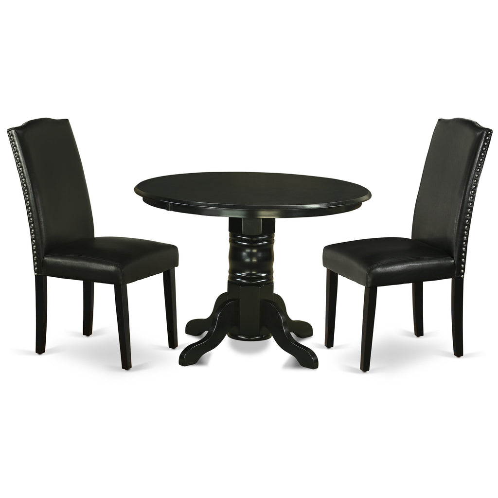 East West Furniture SHEN3-BLK-69 3 Piece Kitchen Table Set Contains a Round Dining Table with Pedestal and 2 Black Faux Leather Parson Dining Room Chairs, 42x42 Inch, Black