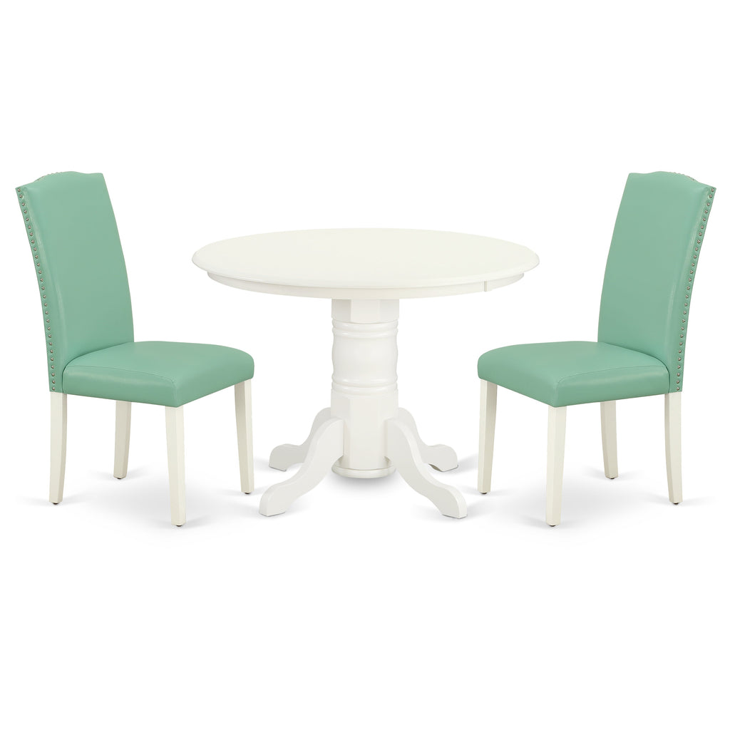 East West Furniture SHEN3-LWH-57 3 Piece Kitchen Table & Chairs Set Contains a Round Dining Room Table with Pedestal and 2 Pond Faux Leather Parsons Dining Chairs, 42x42 Inch, Linen White
