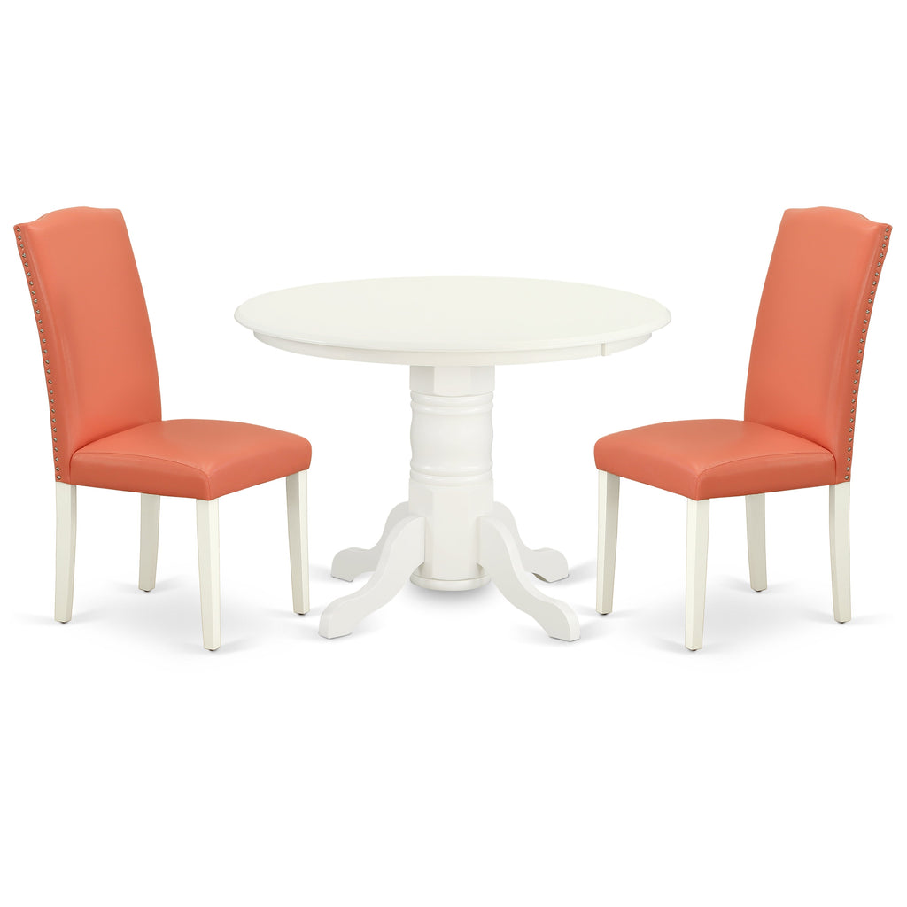 East West Furniture SHEN3-LWH-78 3 Piece Dining Table Set Contains a Round Kitchen Table with Pedestal and 2 Pink Flamingo Faux Leather Upholstered Chairs, 42x42 Inch, Linen White