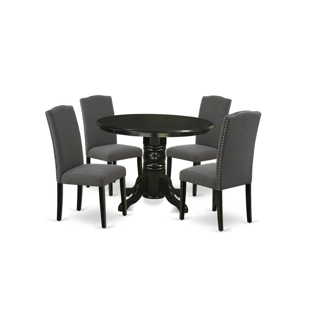 East West Furniture SHEN5-BLK-20 5 Piece Dining Room Table Set Includes a Round Kitchen Table with Pedestal and 4 Dark Gotham Linen Fabric Upholstered Chairs, 42x42 Inch, Black