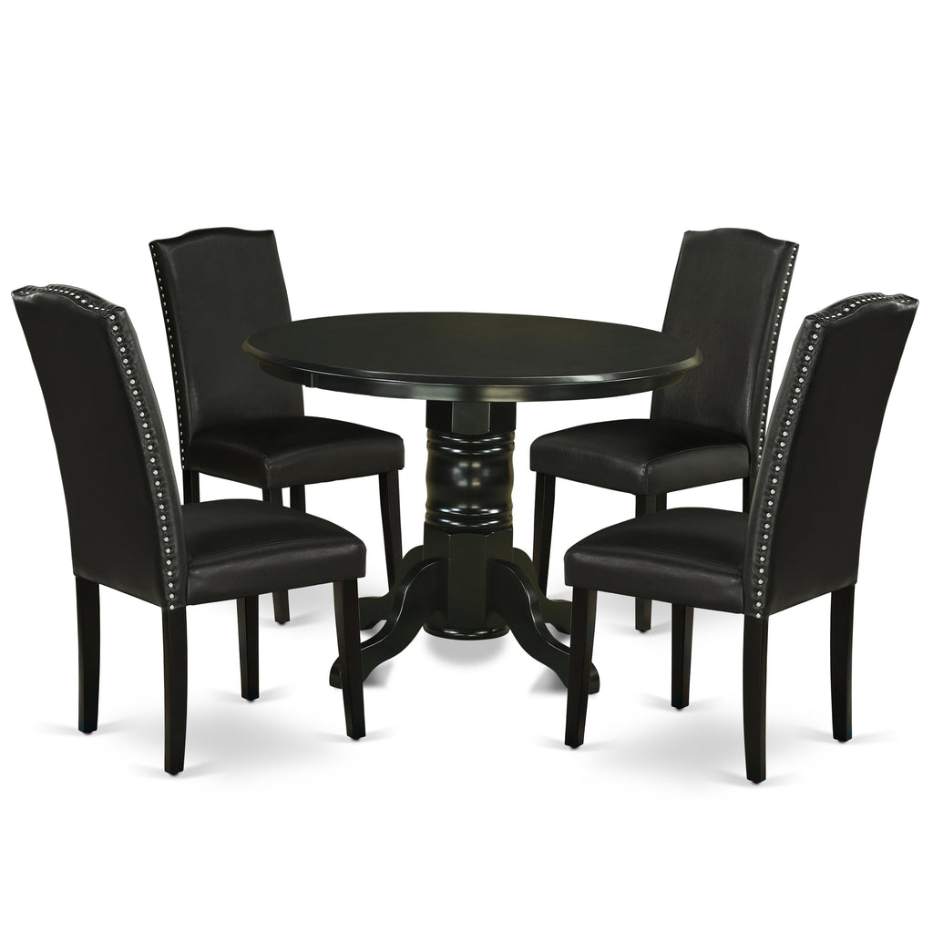 East West Furniture SHEN5-BLK-69 5 Piece Dining Room Table Set Includes a Round Kitchen Table with Pedestal and 4 Black Faux Leather Parson Dining Chairs, 42x42 Inch, Black