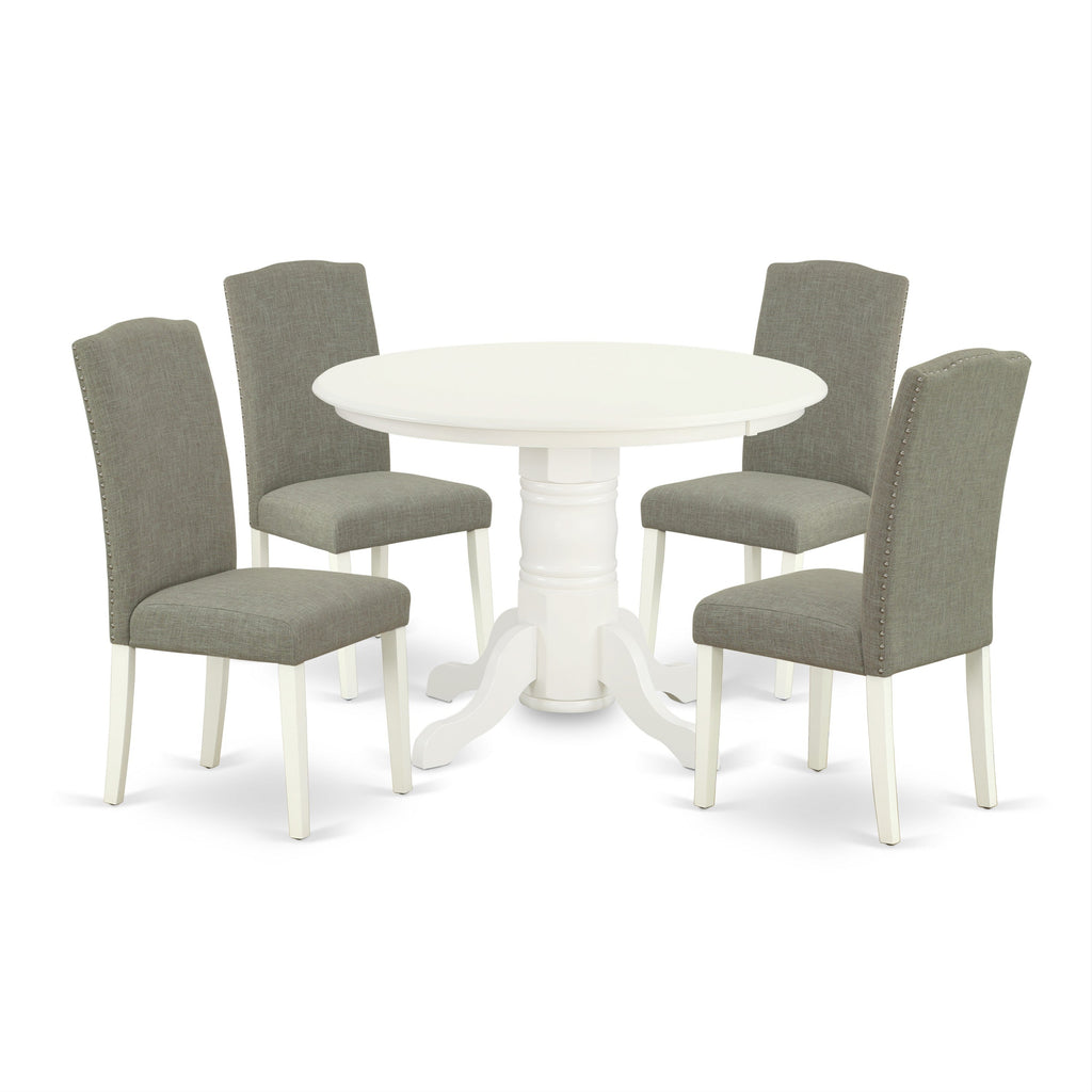 East West Furniture SHEN5-LWH-06 5 Piece Kitchen Table Set Includes a Round Dining Room Table with Pedestal and 4 Dark Shitake Linen Fabric Upholstered Chairs, 42x42 Inch, Linen White