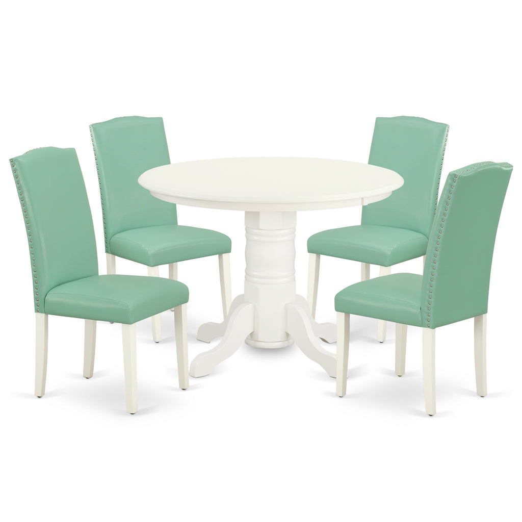 East West Furniture SHEN5-LWH-57 5 Piece Dining Set Includes a Round Dining Room Table with Pedestal and 4 Pond Faux Leather Upholstered Parson Chairs, 42x42 Inch, Linen White