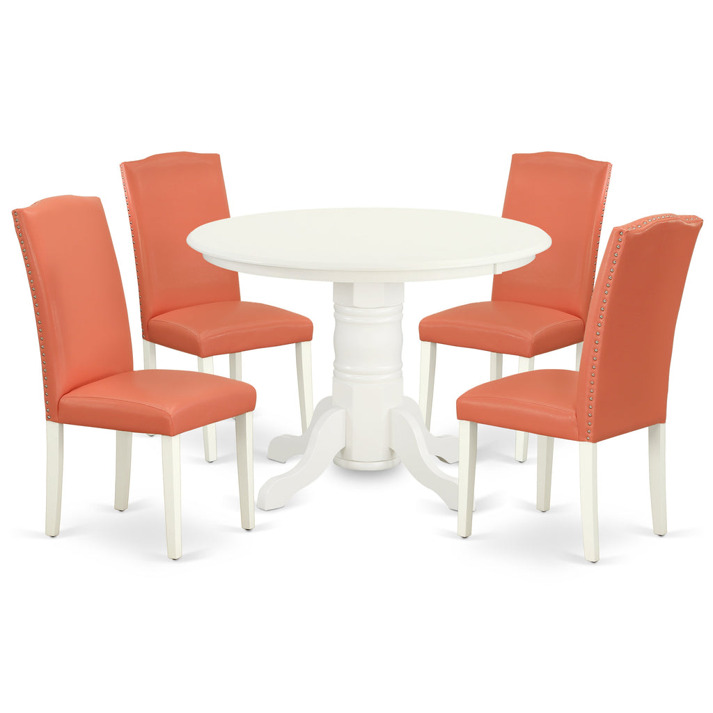 East West Furniture SHEN5-LWH-78 5 Piece Dining Room Furniture Set Includes a Round Kitchen Table with Pedestal and 4 Pink Flamingo Faux Leather Parson Dining Chairs, 42x42 Inch, Linen White