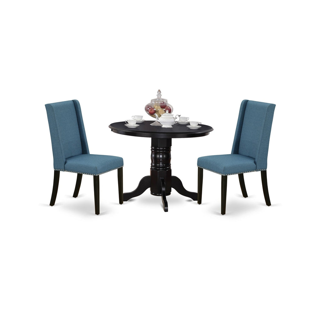 East West Furniture SHFL3-BLK-21 3 Piece Dining Room Table Set Contains a Round Kitchen Table with Pedestal and 2 Blue Linen Fabric Parsons Dining Chairs, 42x42 Inch, Black