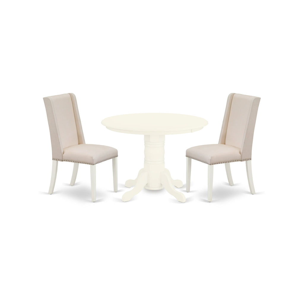East West Furniture SHFL3-WHI-01 3 Piece Dining Room Table Set Contains a Round Kitchen Table with Pedestal and 2 Cream Linen Fabric Parson Dining Chairs, 42x42 Inch, Linen White