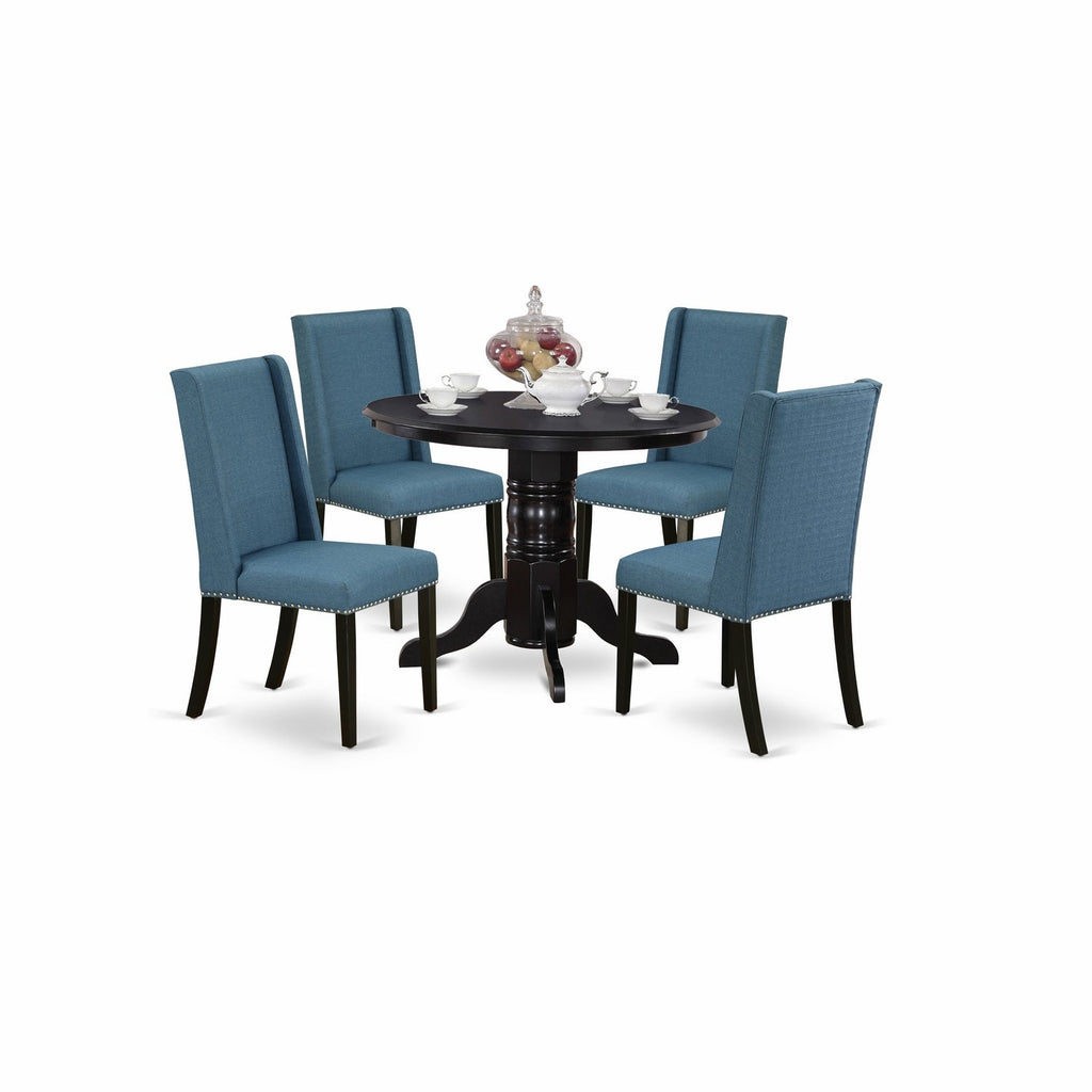 East West Furniture SHFL5-BLK-21 5 Piece Dining Room Table Set Includes a Round Kitchen Table with Pedestal and 4 Blue Linen Fabric Parson Dining Chairs, 42x42 Inch, Black