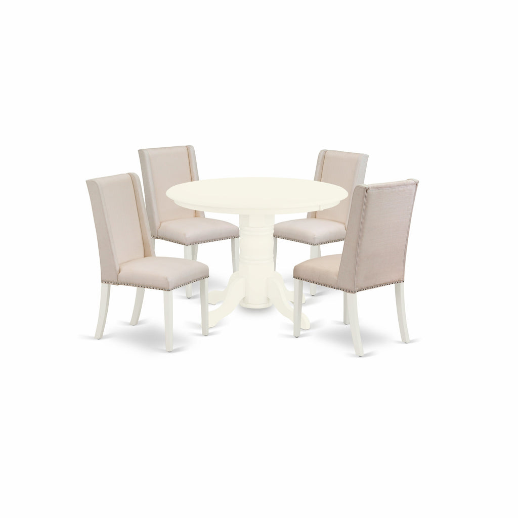 East West Furniture SHFL5-WHI-01 5 Piece Dinette Set for 4 Includes a Round Dining Table with Pedestal and 4 Cream Linen Fabric Upholstered Parson Chairs, 42x42 Inch, Linen White