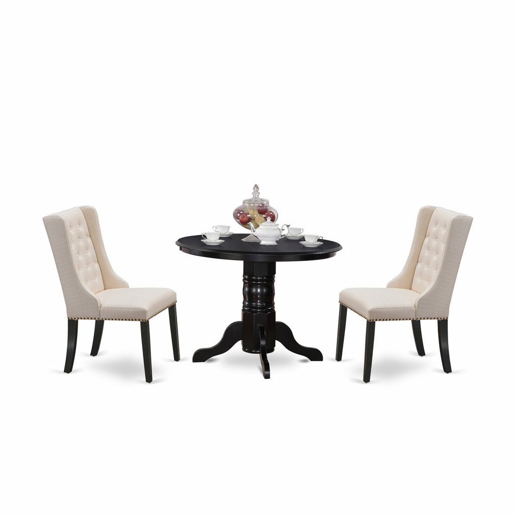 East West Furniture SHFO3-BLK-01 3 Piece Dinette Set for Small Spaces Contains a Round Kitchen Table with Pedestal and 2 Cream Linen Fabric Parson Dining Chairs, 42x42 Inch, Black