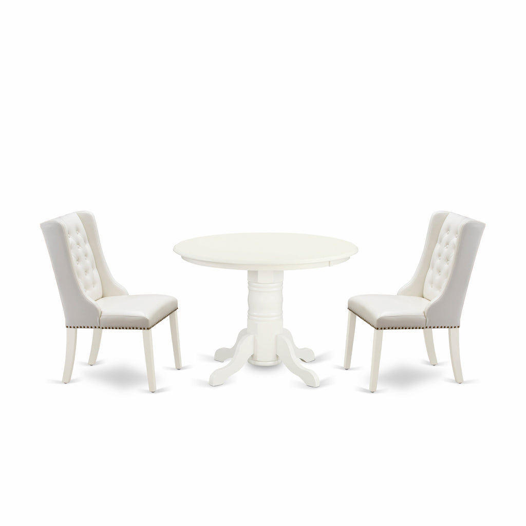 East West Furniture SHFO3-WHI-44 3 Piece Dining Set Contains a Round Dining Room Table with Pedestal and 2 Light grey Faux Leather Upholstered Parson Chairs, 42x42 Inch, Linen White