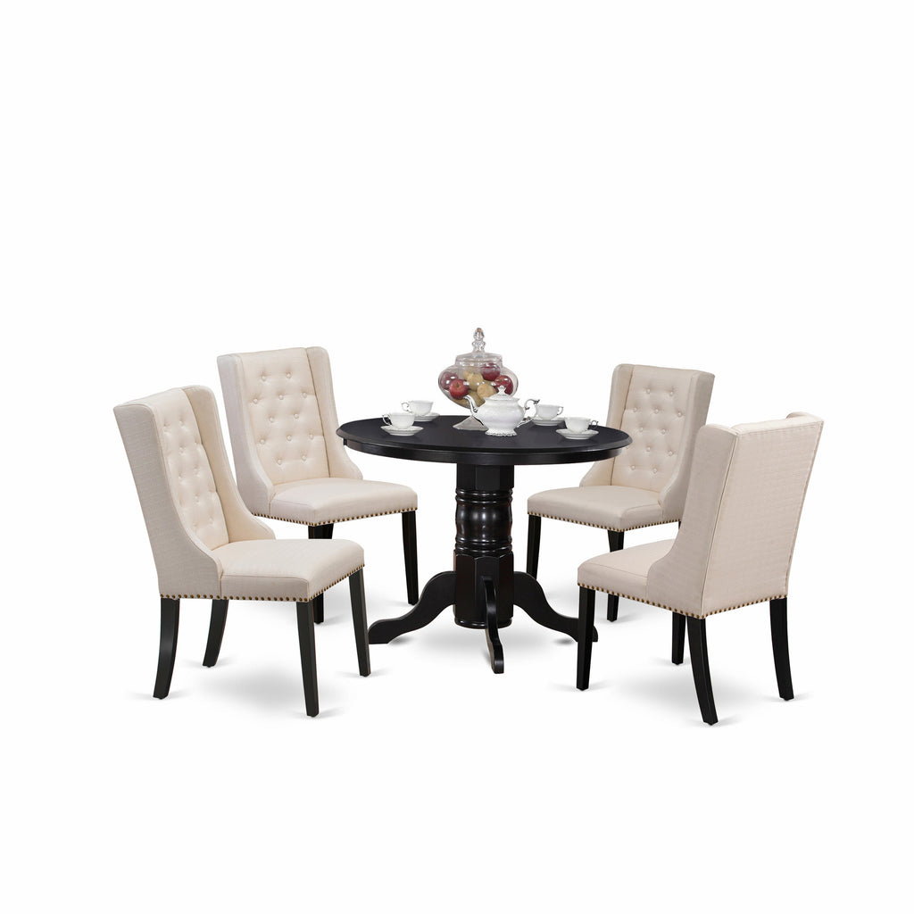 East West Furniture SHFO5-BLK-01 5 Piece Kitchen Table Set for 4 Includes a Round Dining Room Table with Pedestal and 4 Cream Linen Fabric Upholstered Chairs, 42x42 Inch, Black