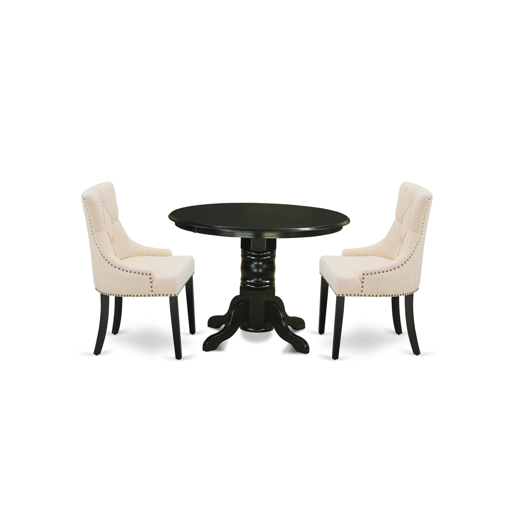 East West Furniture SHFR3-BLK-02 3 Piece Modern Dining Table Set Contains a Round Kitchen Table with Pedestal and 2 Light Beige Linen Fabric Parson Dining Chairs, 42x42 Inch, Black