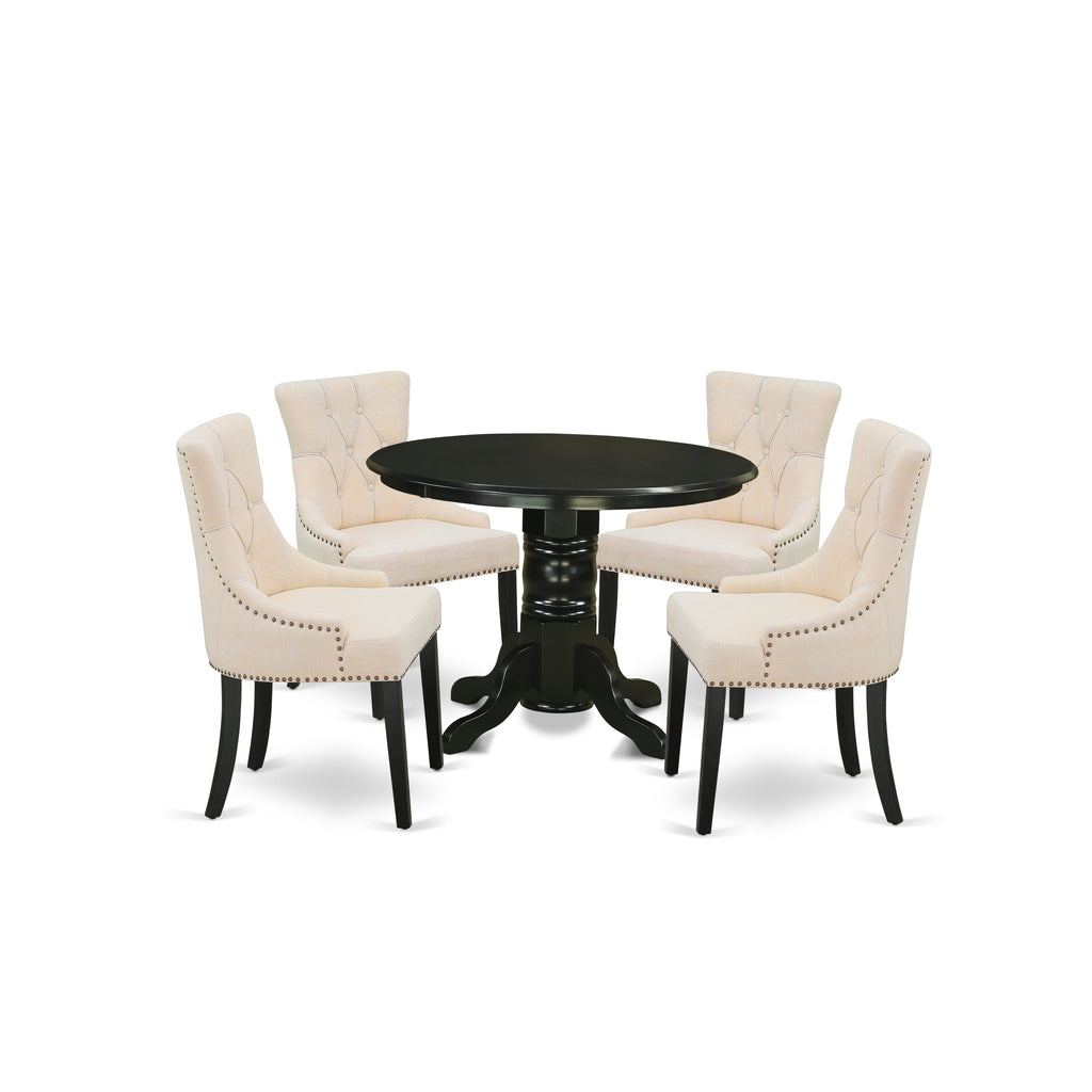 East West Furniture SHFR5-BLK-02 5 Piece Dining Room Table Set Includes a Round Kitchen Table with Pedestal and 4 Light Beige Linen Fabric Upholstered Chairs, 42x42 Inch, Black