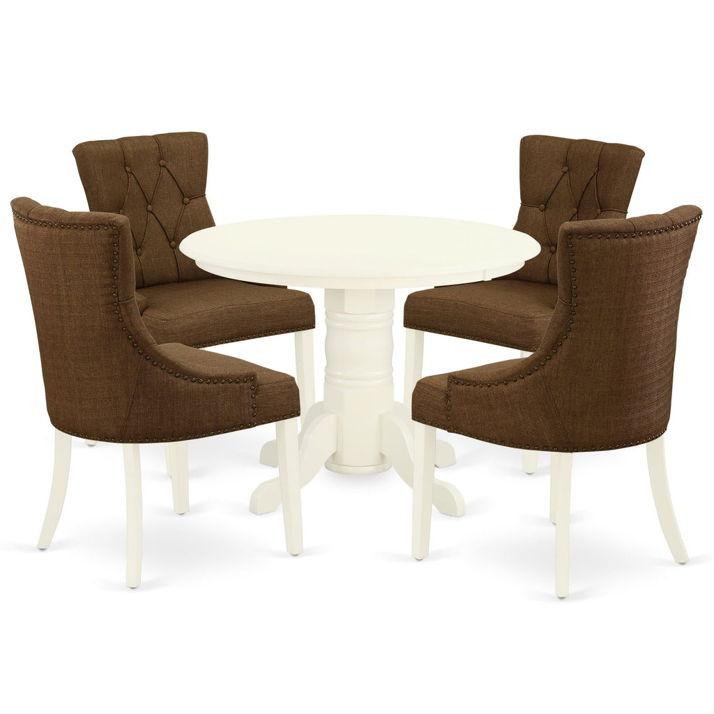 East West Furniture SHFR5-WHI-18 5 Piece Dining Table Set Includes a Round Dining Room Table with Pedestal and 4 Brown Linen Linen Fabric Parsons Dinette Chairs, 42x42 Inch, Linen White