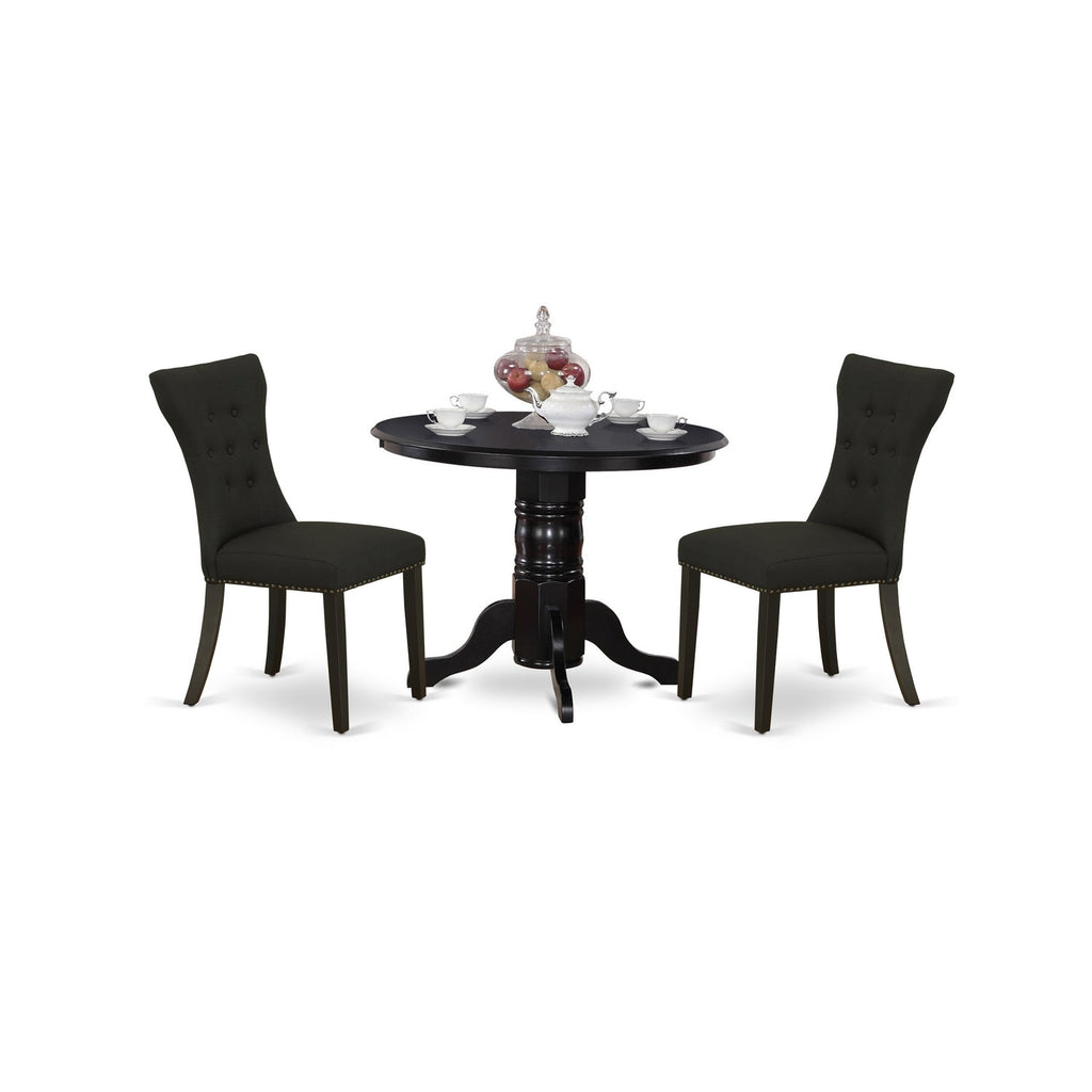 East West Furniture SHGA3-BLK-24 3 Piece Kitchen Table Set Contains a Round Dining Room Table with Pedestal and 2 Black Linen Fabric Upholstered Chairs, 42x42 Inch, Black