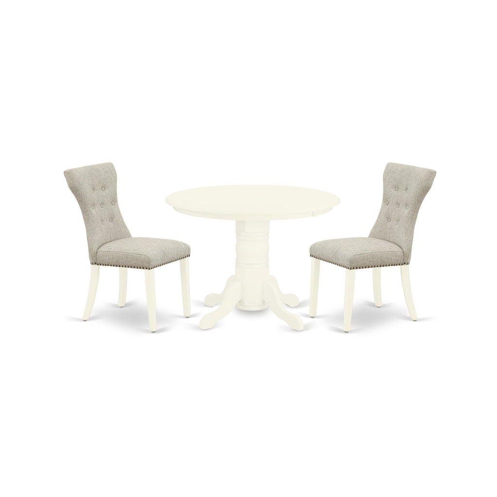 East West Furniture SHGA3-WHI-35 3 Piece Dining Set Contains a Round Kitchen Table with Pedestal and 2 Doeskin Linen Fabric Parson Dining Room Chairs, 42x42 Inch, Linen White