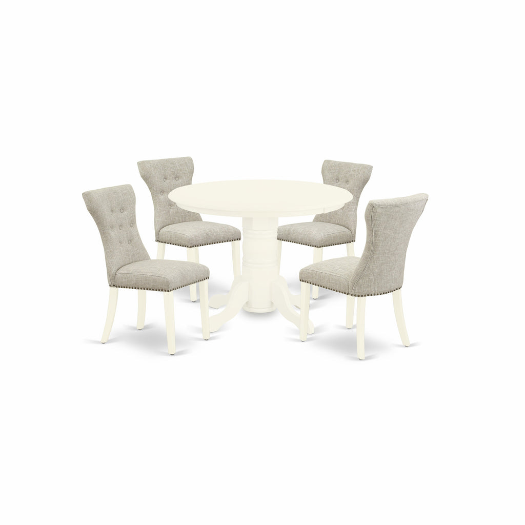 East West Furniture SHGA5-WHI-35 5 Piece Dining Room Table Set Includes a Round Wooden Table with Pedestal and 4 Doeskin Linen Fabric Upholstered Parson Chairs, 42x42 Inch, Linen White
