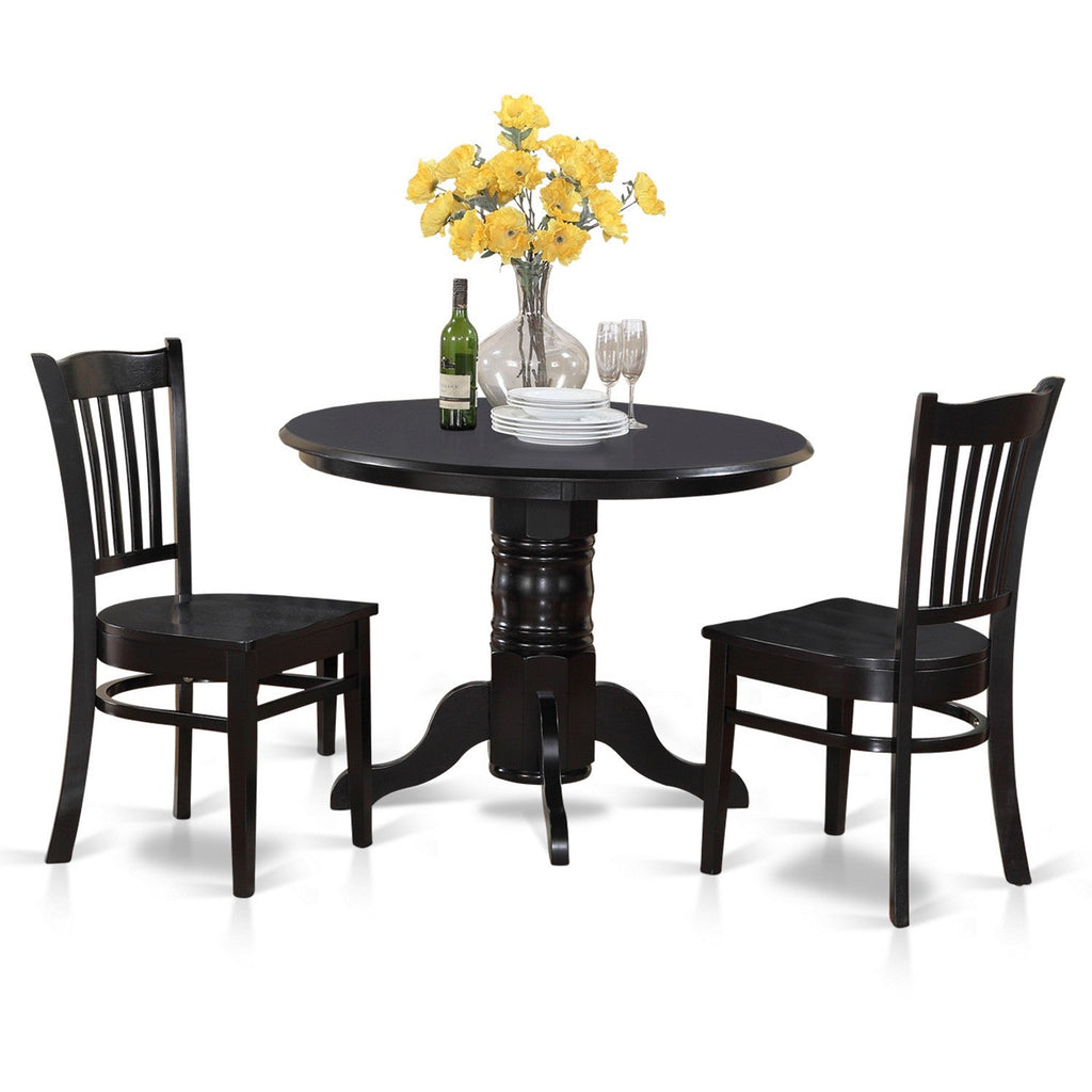 East West Furniture SHGR3-BLK-W 3 Piece Dining Table Set for Small Spaces Contains a Round Kitchen Table with Pedestal and 2 Dining Chairs, 42x42 Inch, Black