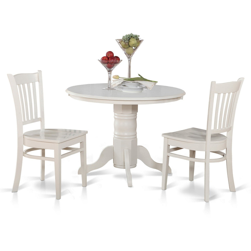 East West Furniture SHGR3-WHI-W 3 Piece Dining Room Table Set Contains a Round Kitchen Table with Pedestal and 2 Dining Chairs, 42x42 Inch, Linen White